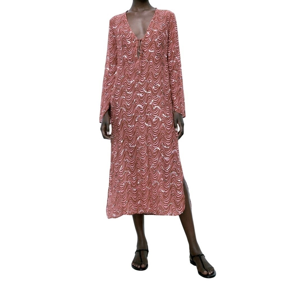 Zara Pink Red Wavy Stripe Sequin Embellished Midi Dress V-Neck Boho Womens Large